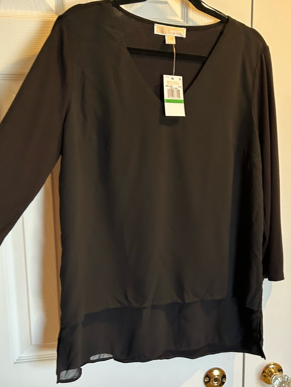 NWT Michael Kors Black V-Neck 3/4 Sleeve Layered Look Tunic Blouse - size